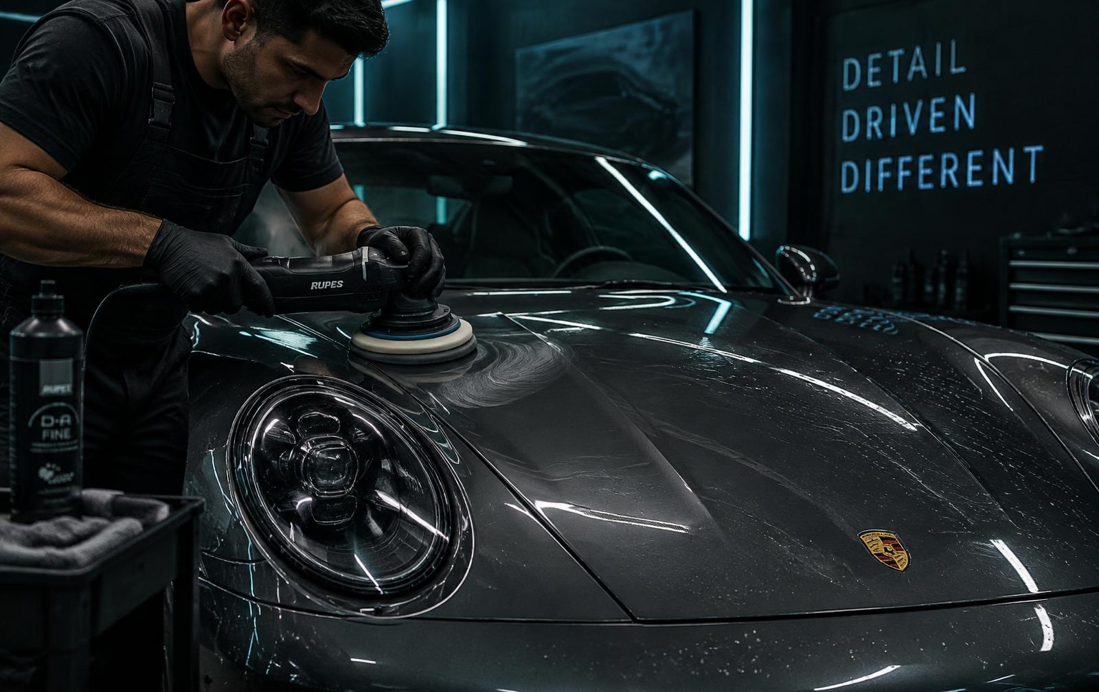 Detailer machine-polishing a sports car in the bay